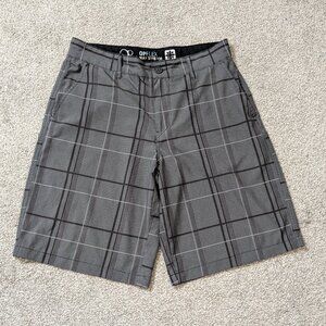 "Op" OPFLEX 4-Way Stretch Men's Gray Plaid Casual Shorts; Size 30